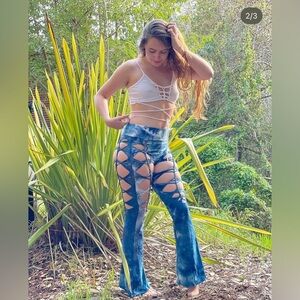 CUSTOM green velvet braided slit weave flares